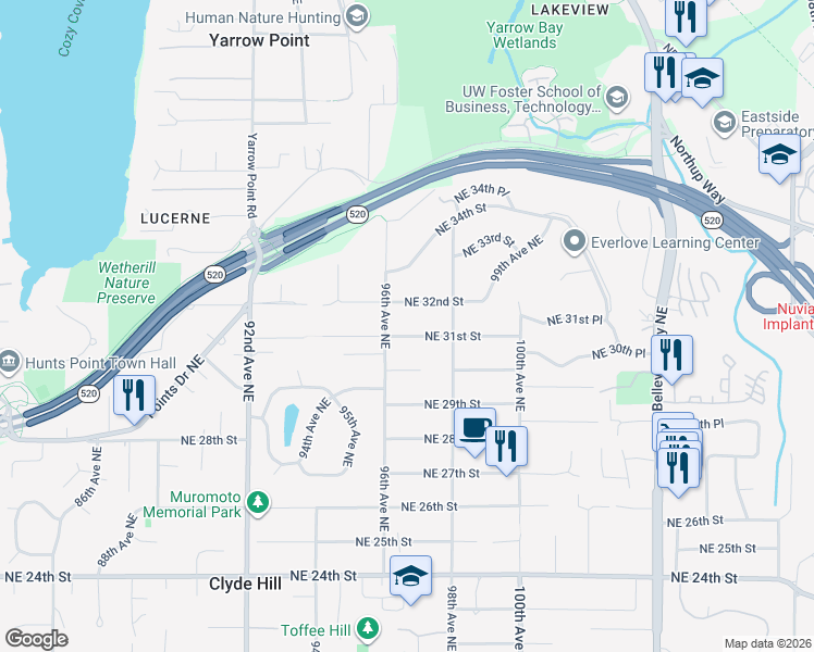 map of restaurants, bars, coffee shops, grocery stores, and more near 9632 Northeast 31st Street in Clyde Hill