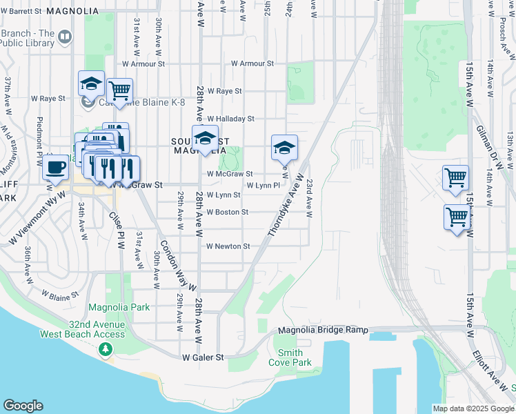 map of restaurants, bars, coffee shops, grocery stores, and more near 2432 West Boston Street in Seattle