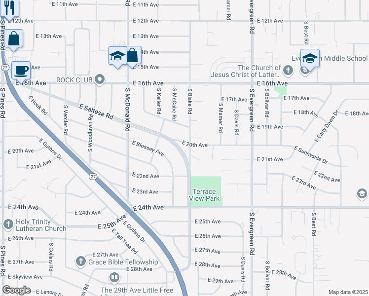 map of restaurants, bars, coffee shops, grocery stores, and more near 13428 East 20th Avenue in Spokane Valley