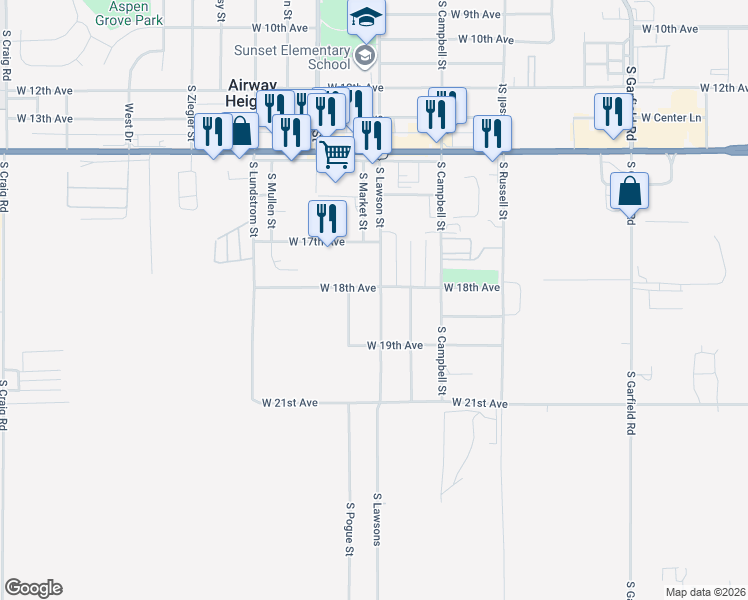 map of restaurants, bars, coffee shops, grocery stores, and more near 1812 South Lawson Street in Airway Heights