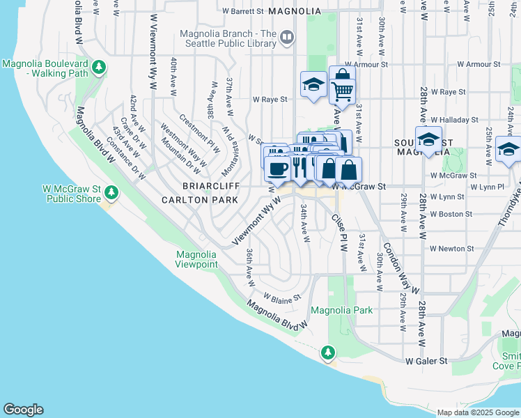 map of restaurants, bars, coffee shops, grocery stores, and more near 2275 Viewmont Way West in Seattle
