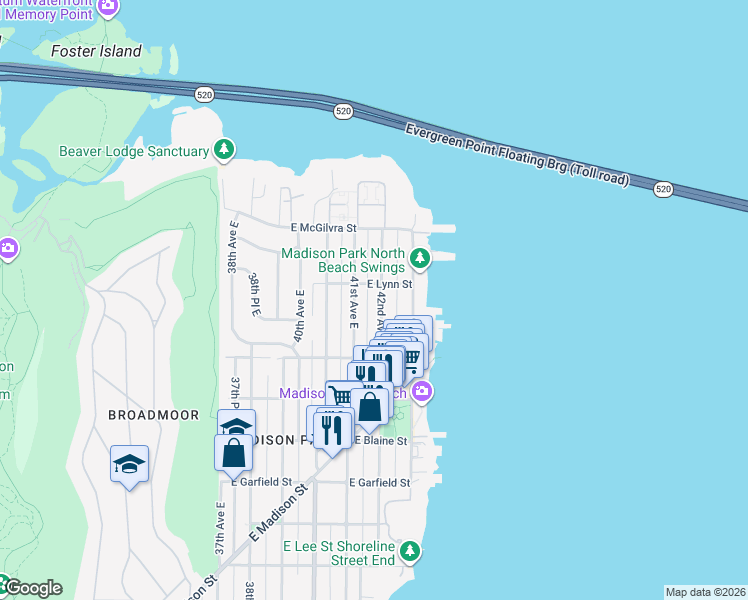 map of restaurants, bars, coffee shops, grocery stores, and more near 2057 42nd Avenue East in Seattle