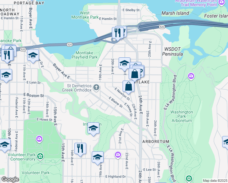 map of restaurants, bars, coffee shops, grocery stores, and more near 2025 East Newton Street in Seattle