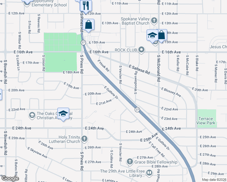 map of restaurants, bars, coffee shops, grocery stores, and more near 12607 East Guthrie Drive in Spokane Valley