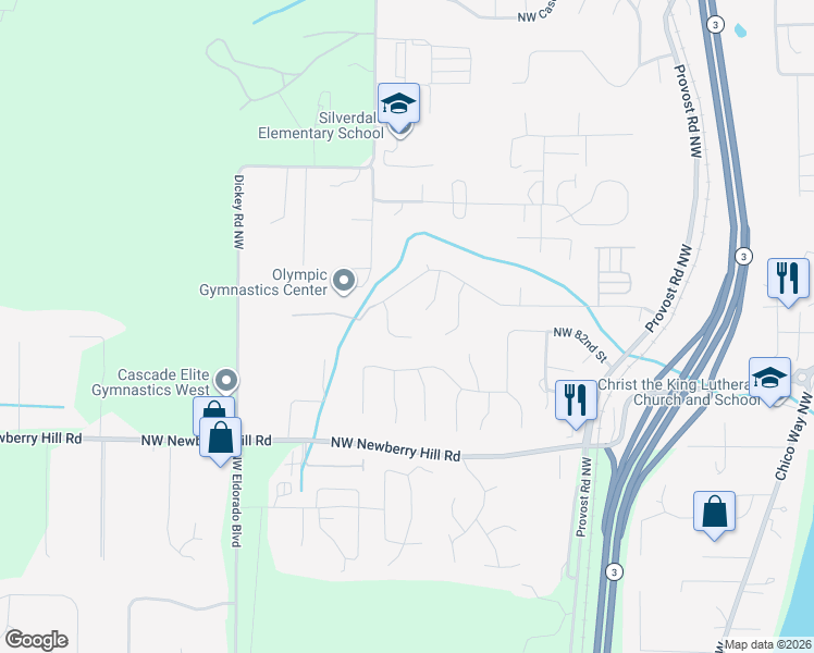 map of restaurants, bars, coffee shops, grocery stores, and more near 8382 Kayla Place Northwest in Silverdale