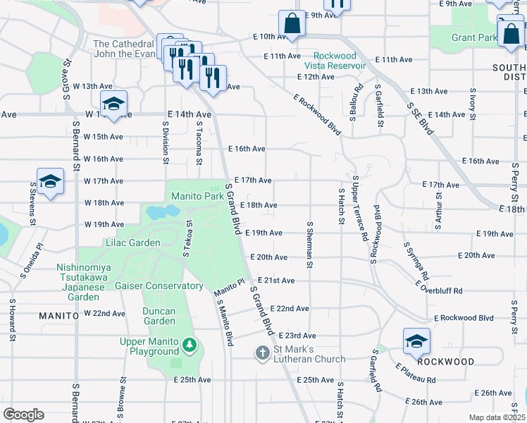 map of restaurants, bars, coffee shops, grocery stores, and more near 1820 South Latawah Street in Spokane