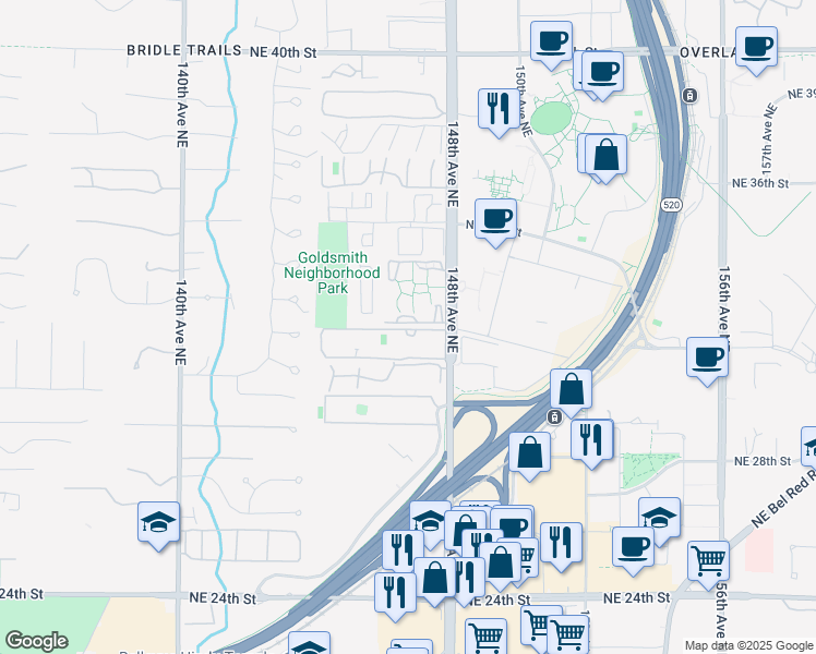 map of restaurants, bars, coffee shops, grocery stores, and more near 14655 Northeast 32nd Street in Bellevue