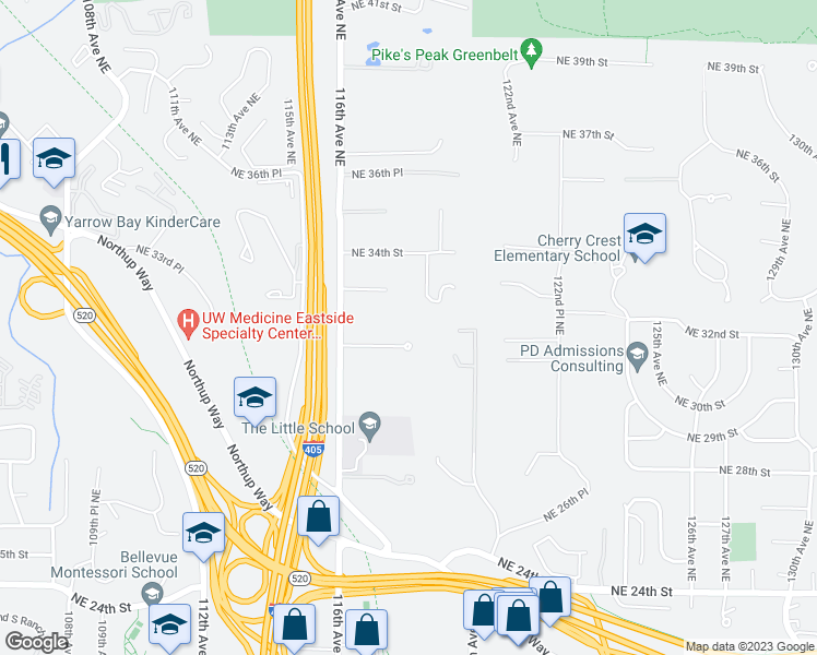map of restaurants, bars, coffee shops, grocery stores, and more near 11810 Northeast 30th Place in Bellevue