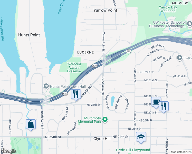 map of restaurants, bars, coffee shops, grocery stores, and more near 3037 92nd Avenue Northeast in Clyde Hill