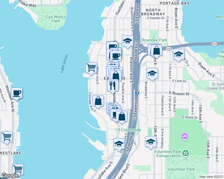 map of restaurants, bars, coffee shops, grocery stores, and more near 2201 Eastlake Avenue East in Seattle