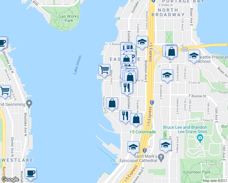 map of restaurants, bars, coffee shops, grocery stores, and more near 2200 Minor Avenue East in Seattle