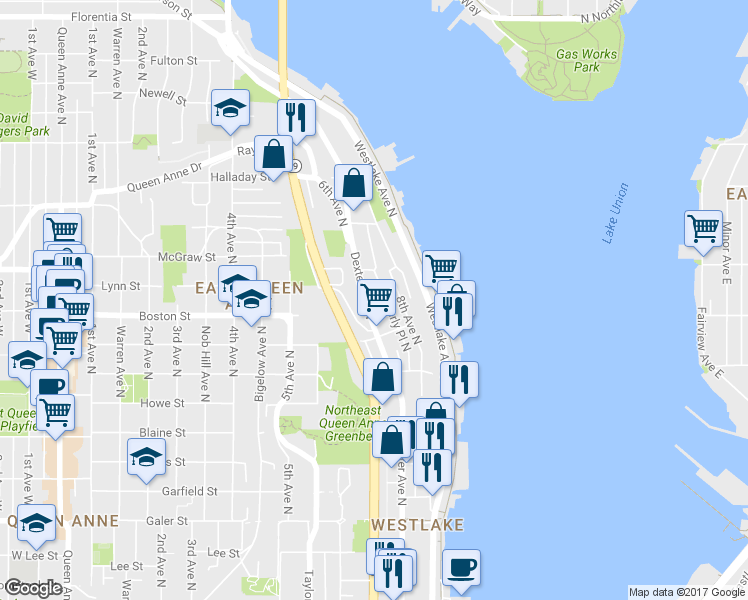 map of restaurants, bars, coffee shops, grocery stores, and more near 2121 Waverly Place North in Seattle