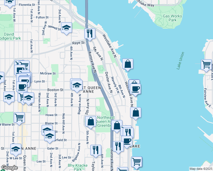 map of restaurants, bars, coffee shops, grocery stores, and more near 2137 Dexter Avenue North in Seattle