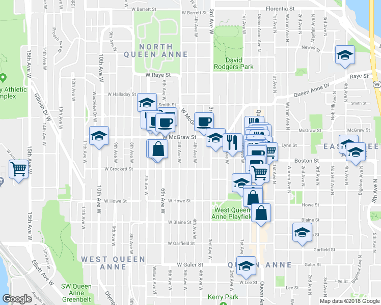 map of restaurants, bars, coffee shops, grocery stores, and more near 2131 4th Avenue West in Seattle
