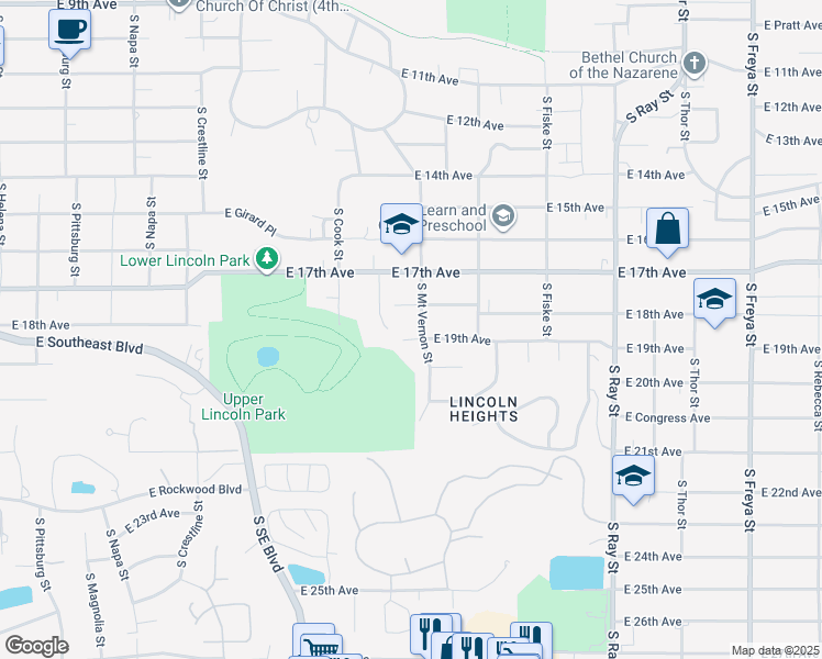 map of restaurants, bars, coffee shops, grocery stores, and more near 1824 S Mt Vernon St in Spokane