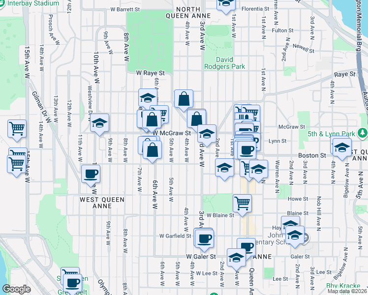 map of restaurants, bars, coffee shops, grocery stores, and more near 2131 4th Avenue West in Seattle