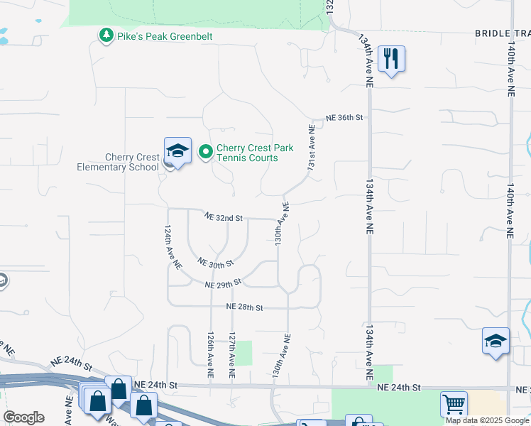 map of restaurants, bars, coffee shops, grocery stores, and more near 12804 Northeast 32nd Street in Bellevue