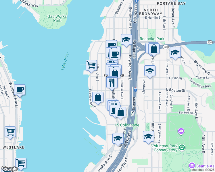 map of restaurants, bars, coffee shops, grocery stores, and more near 2201 Eastlake Avenue East in Seattle
