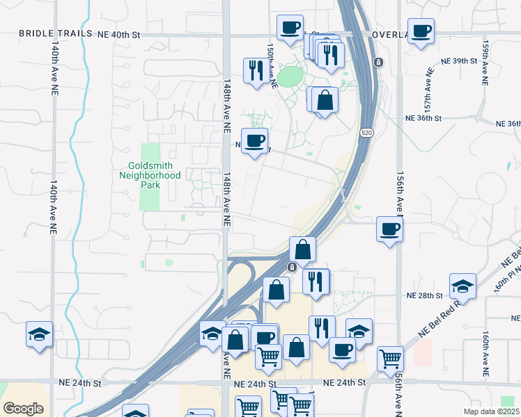 map of restaurants, bars, coffee shops, grocery stores, and more near 14980 Northeast 31st Street in Redmond