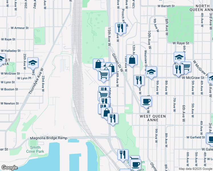 map of restaurants, bars, coffee shops, grocery stores, and more near 2200 15th Avenue West in Seattle