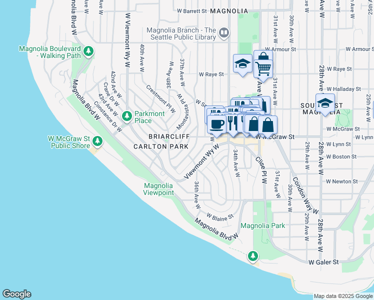 map of restaurants, bars, coffee shops, grocery stores, and more near 2303 Eastmont Way West in Seattle