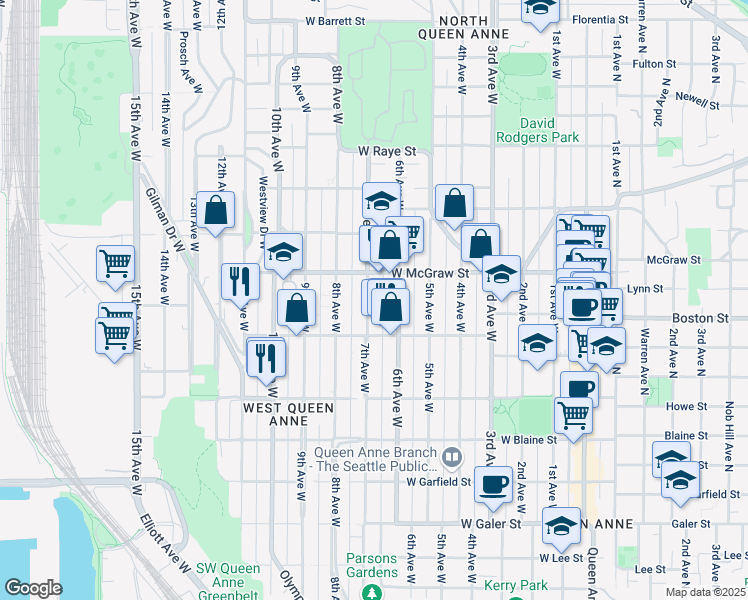 map of restaurants, bars, coffee shops, grocery stores, and more near 2134 7th Avenue West in Seattle