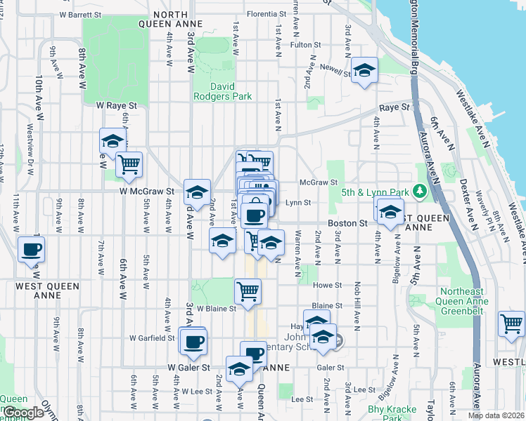 map of restaurants, bars, coffee shops, grocery stores, and more near in Seattle