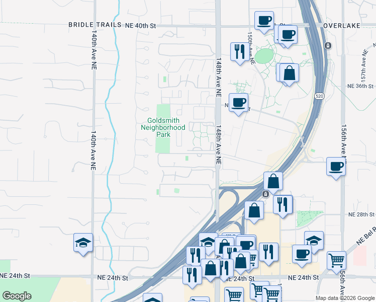map of restaurants, bars, coffee shops, grocery stores, and more near 14620 Northeast 32nd Street in Bellevue