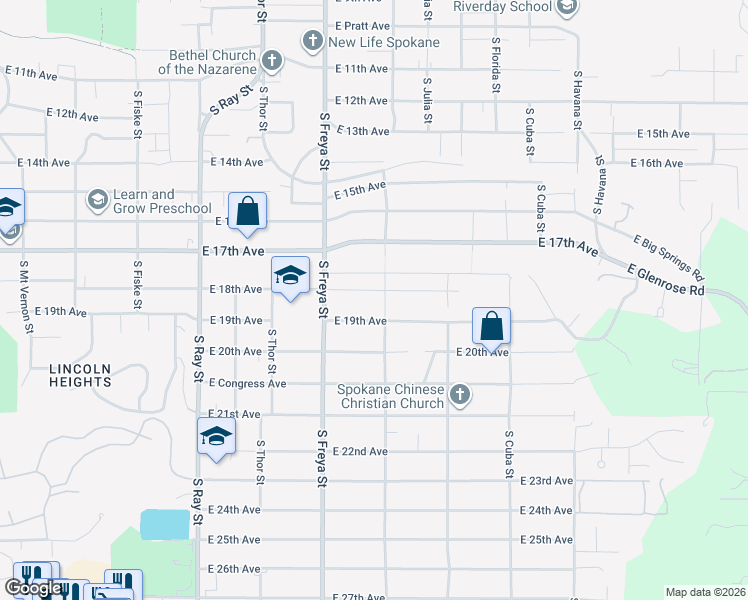 map of restaurants, bars, coffee shops, grocery stores, and more near 3723 East 19th Avenue in Spokane