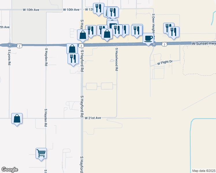 map of restaurants, bars, coffee shops, grocery stores, and more near 1705 South Hayford Road in Spokane