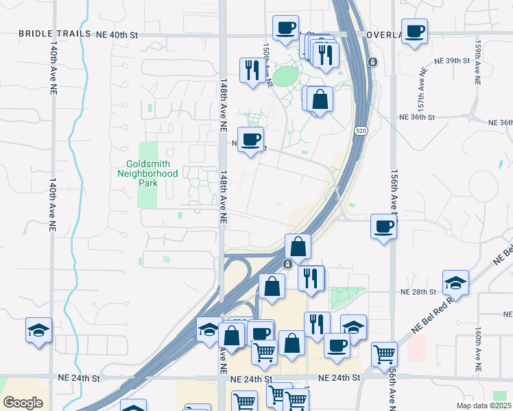 map of restaurants, bars, coffee shops, grocery stores, and more near in Redmond