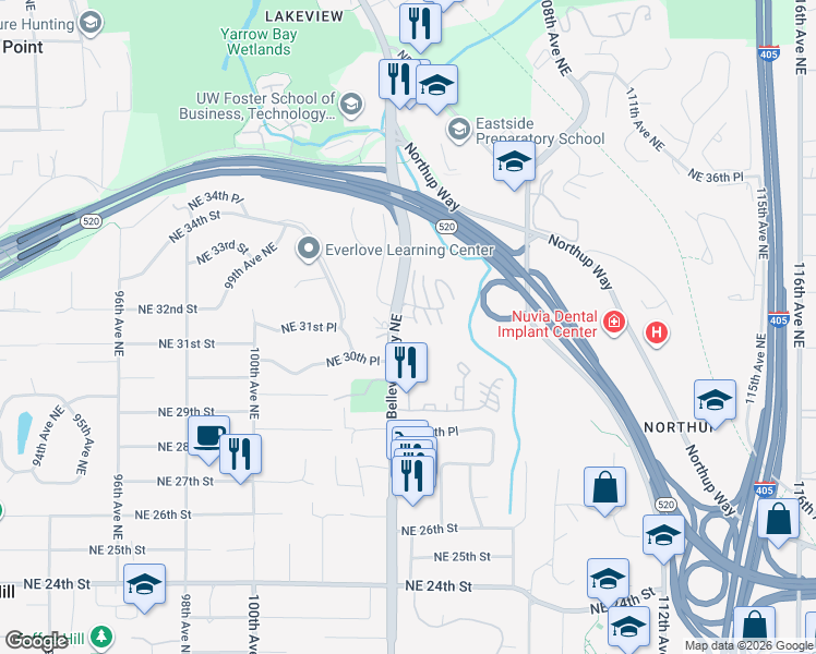 map of restaurants, bars, coffee shops, grocery stores, and more near in Bellevue