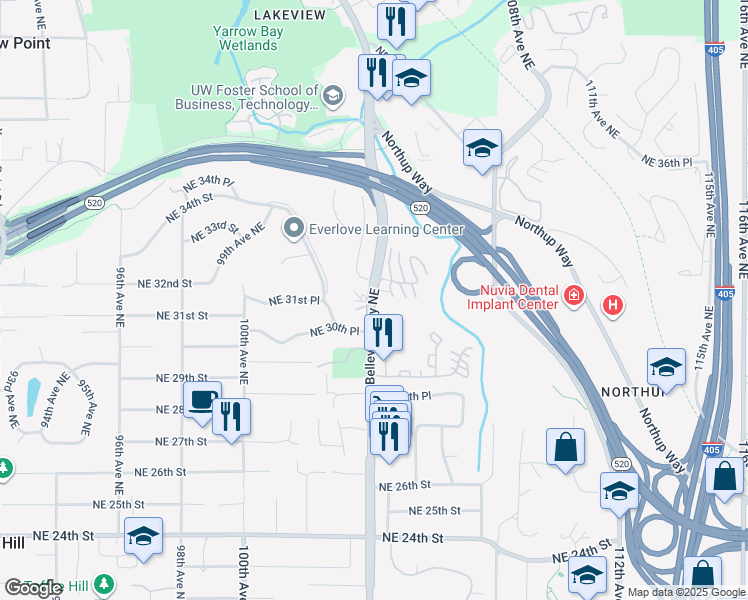 map of restaurants, bars, coffee shops, grocery stores, and more near 3039 Bellevue Way Northeast in Bellevue
