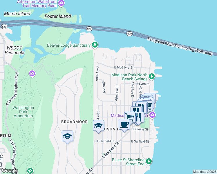map of restaurants, bars, coffee shops, grocery stores, and more near 2215 39th Avenue East in Seattle