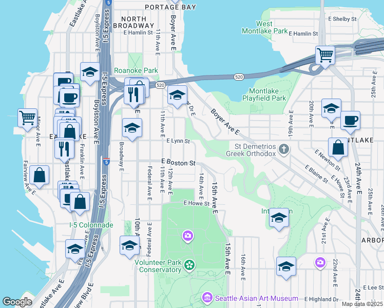map of restaurants, bars, coffee shops, grocery stores, and more near 1300 East Boston Street in Seattle