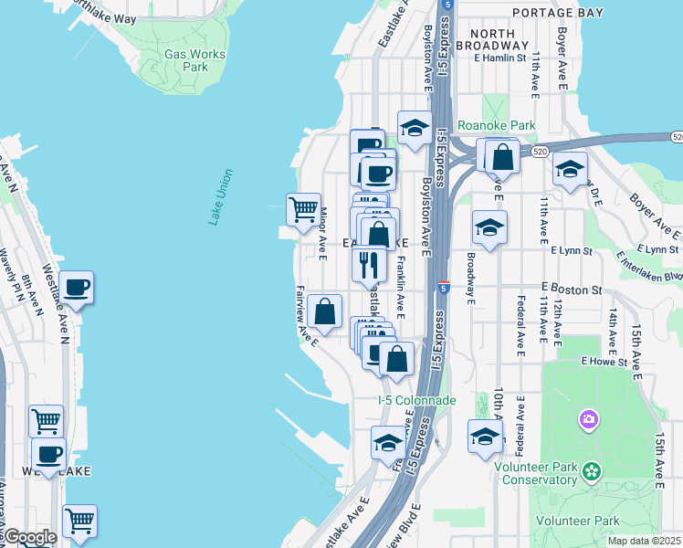 map of restaurants, bars, coffee shops, grocery stores, and more near 2200 Minor Avenue East in Seattle