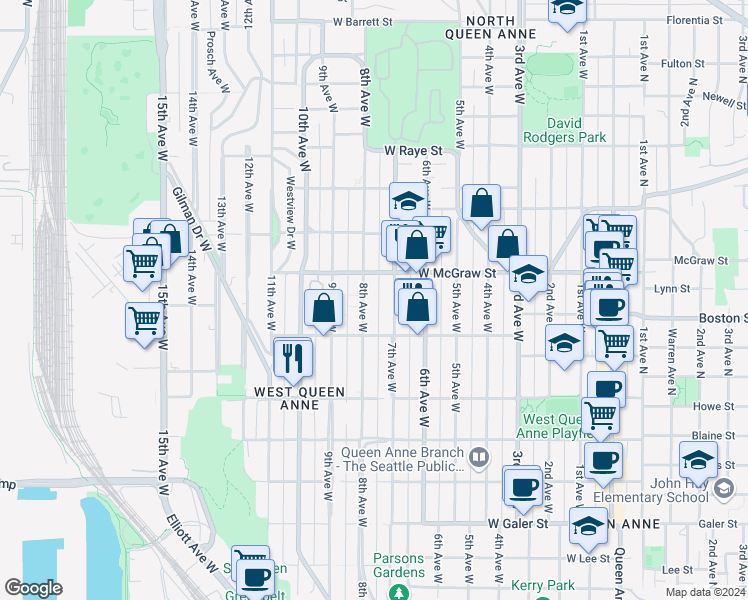 map of restaurants, bars, coffee shops, grocery stores, and more near in Seattle