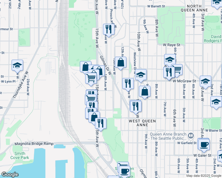 map of restaurants, bars, coffee shops, grocery stores, and more near 1307 West Boston Street in Seattle