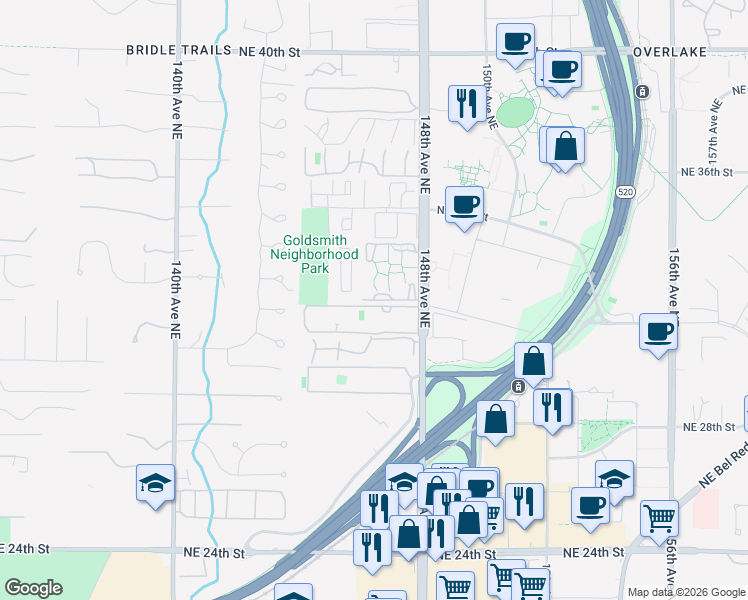map of restaurants, bars, coffee shops, grocery stores, and more near 14650 Northeast 32nd Street in Bellevue