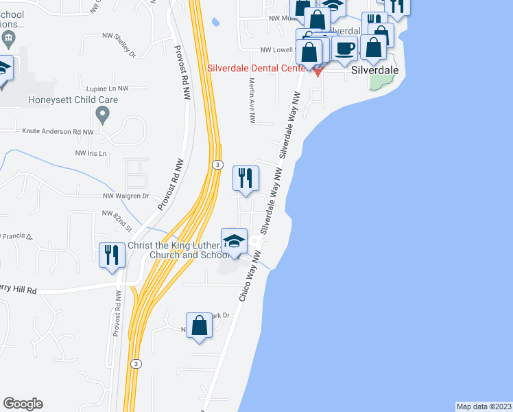 map of restaurants, bars, coffee shops, grocery stores, and more near 8170 Knute Lane Northwest in Silverdale