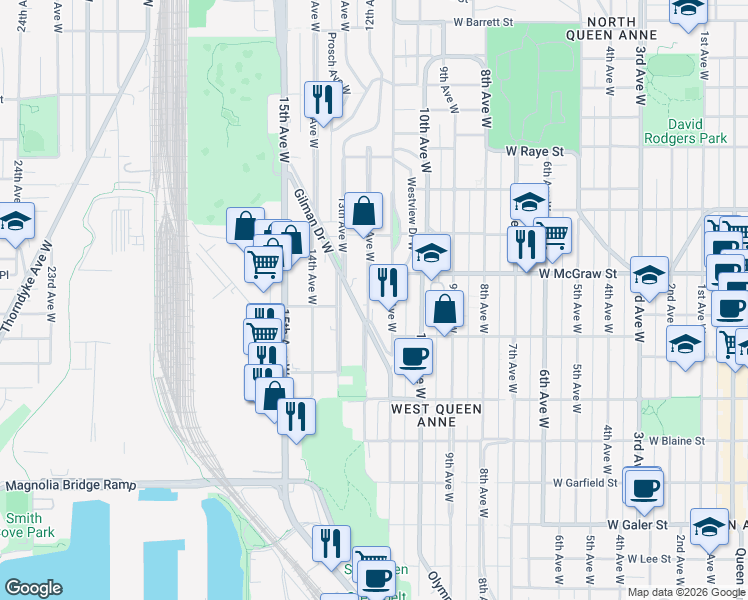 map of restaurants, bars, coffee shops, grocery stores, and more near 2065 Gilman Drive West in Seattle
