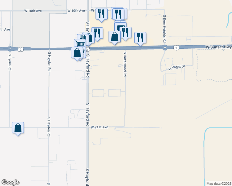 map of restaurants, bars, coffee shops, grocery stores, and more near 1705 South Hayford Road in Spokane