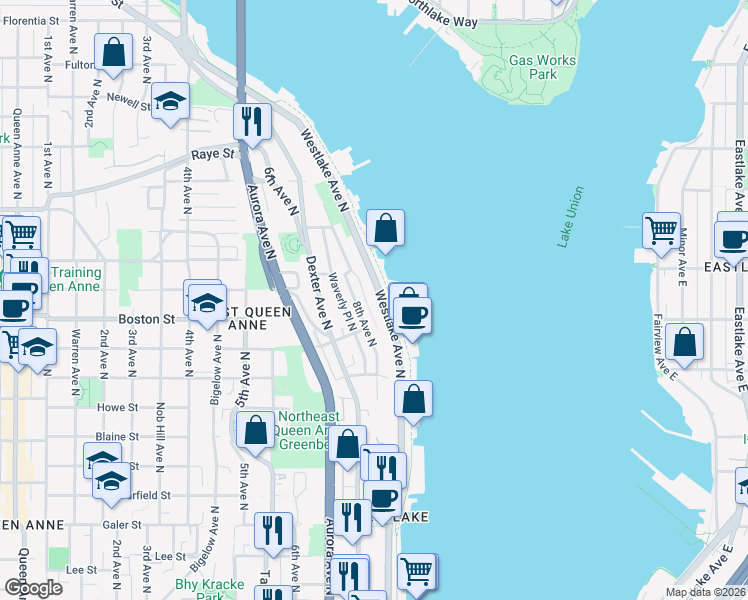 map of restaurants, bars, coffee shops, grocery stores, and more near 2120 8th Avenue North in Seattle