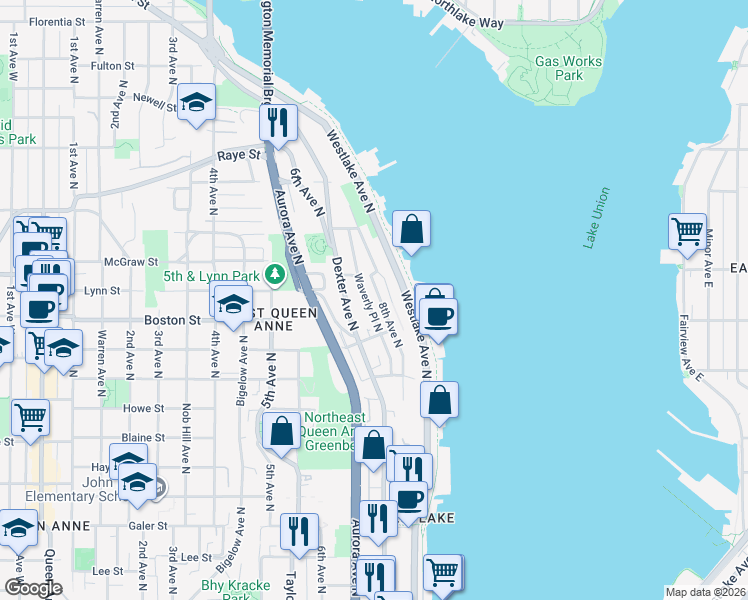 map of restaurants, bars, coffee shops, grocery stores, and more near 2121 Waverly Place North in Seattle