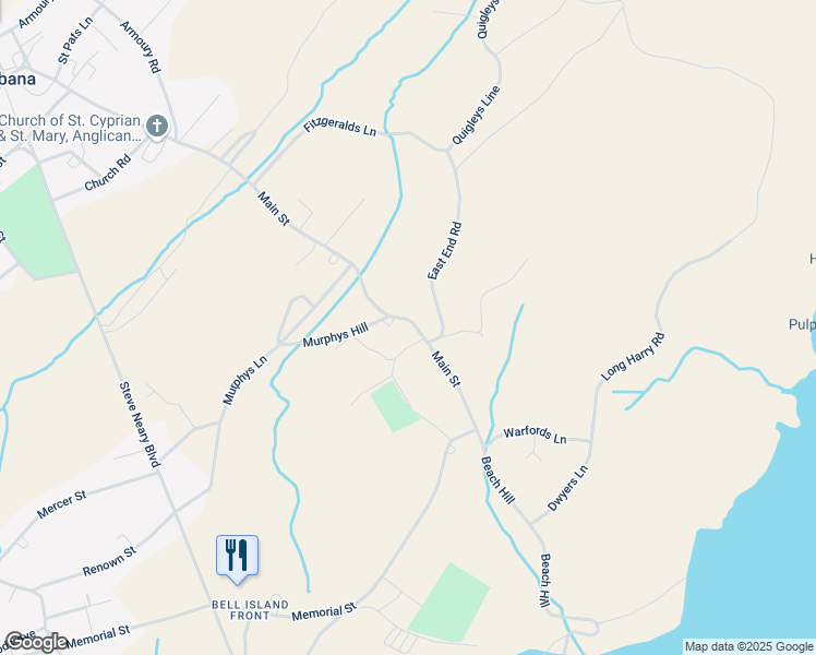 map of restaurants, bars, coffee shops, grocery stores, and more near 35 Main Street in Bell Island