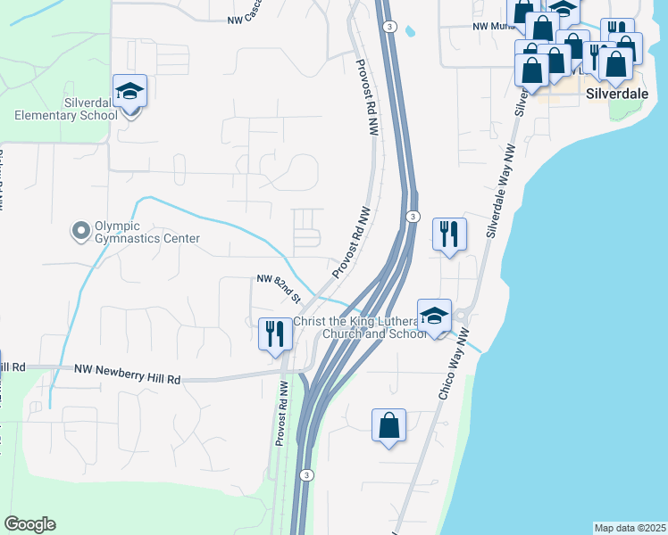 map of restaurants, bars, coffee shops, grocery stores, and more near 4707 Northwest Walgren Drive in Silverdale