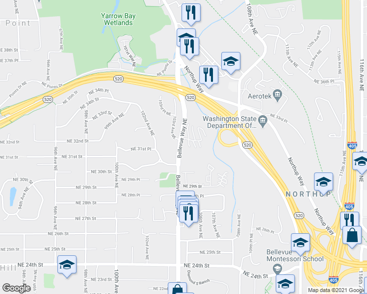 map of restaurants, bars, coffee shops, grocery stores, and more near in Bellevue