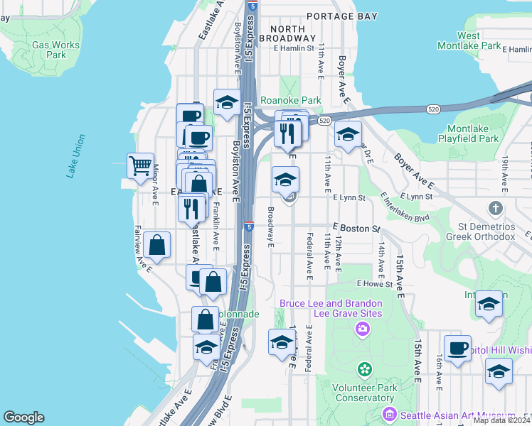 map of restaurants, bars, coffee shops, grocery stores, and more near in Seattle