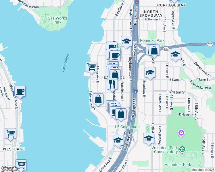 map of restaurants, bars, coffee shops, grocery stores, and more near 2201 Eastlake Avenue East in Seattle