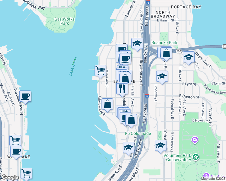 map of restaurants, bars, coffee shops, grocery stores, and more near 2200 Minor Avenue East in Seattle